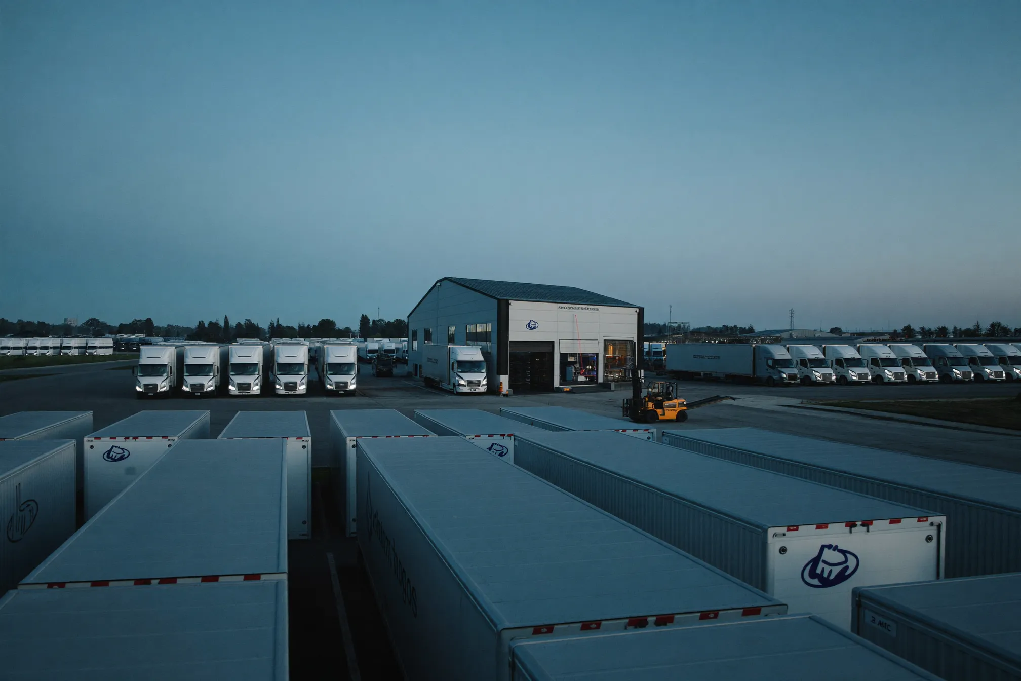 Trucking terminal yard with parked trailers at dawn